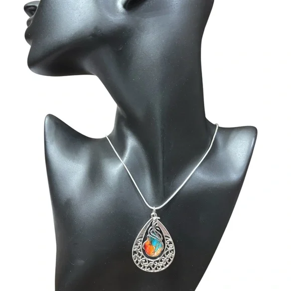 Silver and Turquoise Mosiac Teardrop Pendant Necklace. NWT - Picture 2 of 5